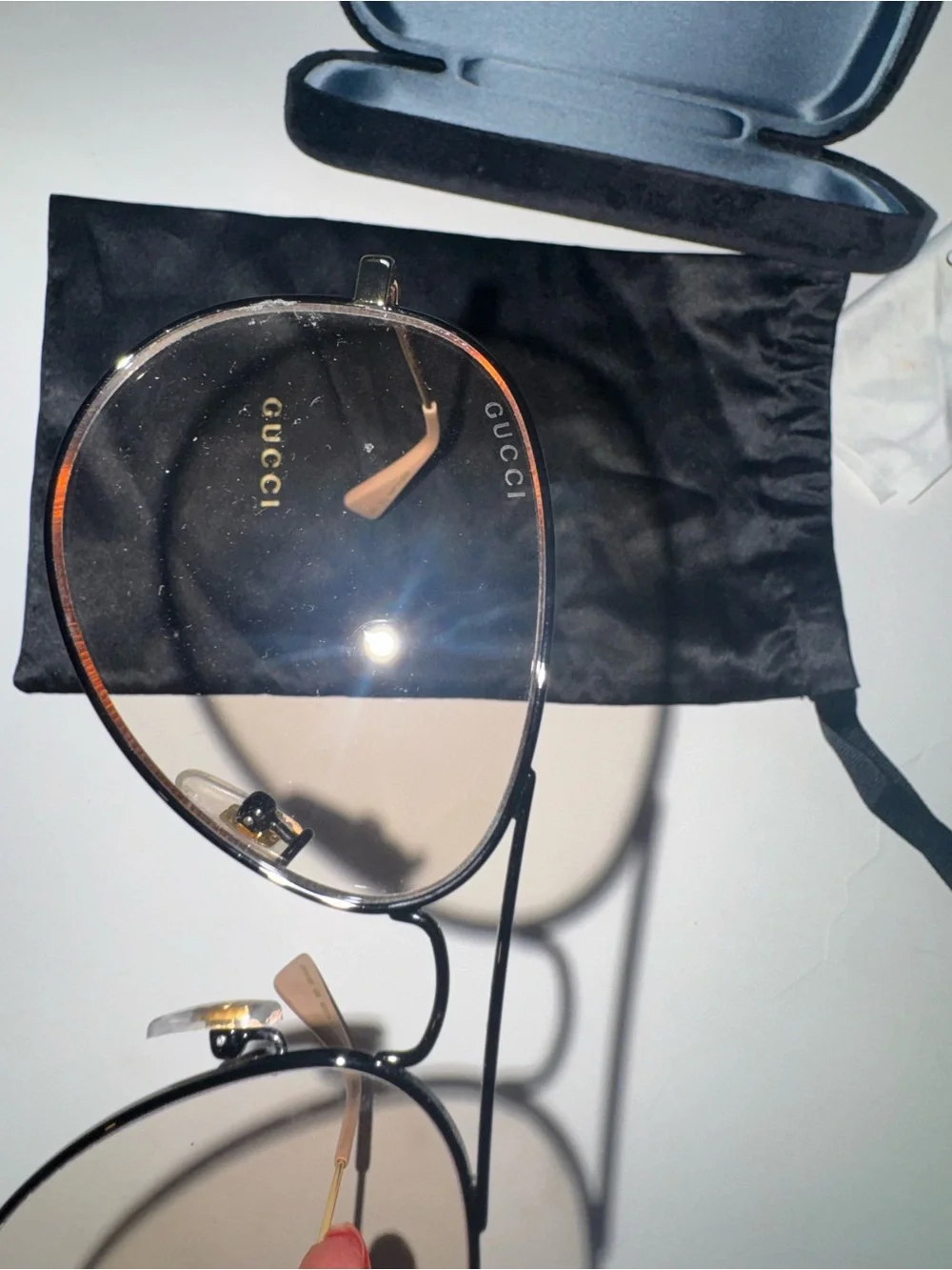 Gucci Sunglasses Temple Arm in Peach and Black with Gold Lettering